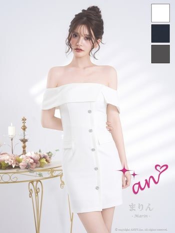 キャバドレス an オフショルダー 半袖 ビジュー ボタン ポケット タイトミニドレス