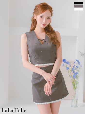 キャバドレス ROBEdeFLEURS ローブドフルール ノースリーブ バストリボン セットアップ ストーン付き ガーリー フレアミニドレス