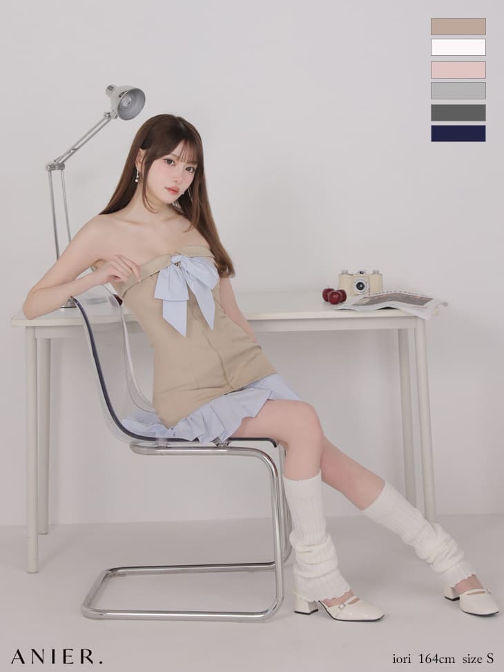 キャバドレス ANIER. アニエル ベアトップ バストリボン ジップデザイン ストライプ柄 バイカラー プリーツスカート フレアミニドレス