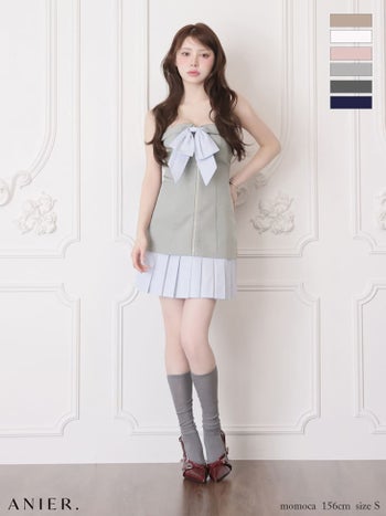 キャバドレス ANIER. アニエル ストライプ柄 バイカラー プリーツスカート ベアトップ バストリボン ジップデザイン タイトミニドレス