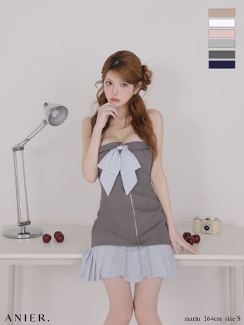 キャバドレス ANIER. アニエル バイカラー プリーツスカート ベアトップ バストリボン ジップデザイン ストライプ柄 タイトミニドレス