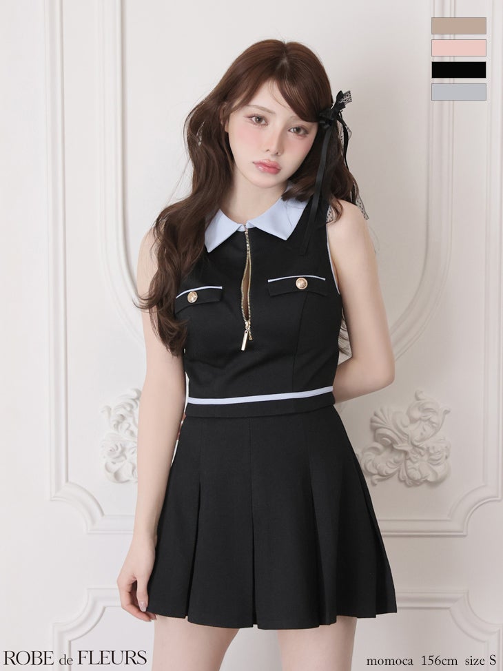 キャバドレス ROBEdeFLEURS ローブドフルール セットアップ ノースリーブ ジップデザイン ボックスプリーツ 襟付き フレアミニドレス