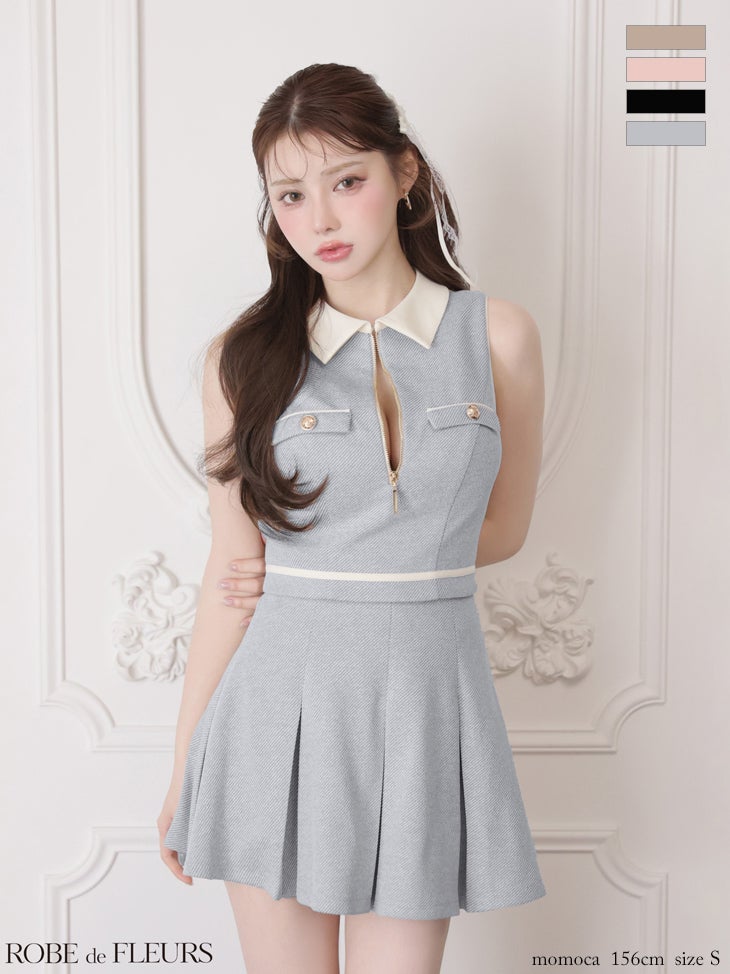 キャバドレス ROBEdeFLEURS ローブドフルール セットアップ ボックスプリーツ 襟付き ノースリーブ ジップデザイン フレアミニドレス