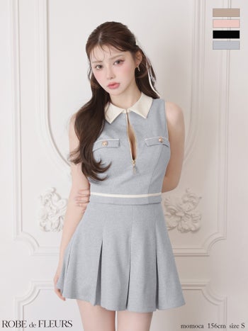 キャバドレス ROBEdeFLEURS ローブドフルール セットアップ ボックスプリーツ 襟付き ノースリーブ ジップデザイン フレアミニドレス