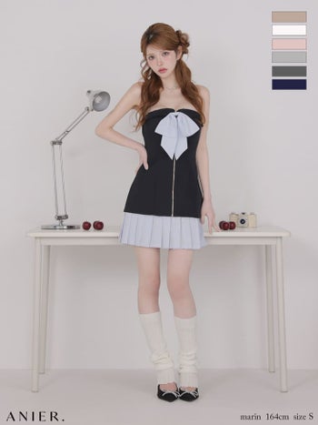 キャバドレス ANIER. アニエル プリーツスカート ベアトップ バストリボン ジップデザイン ストライプ柄 バイカラー タイトミニドレス
