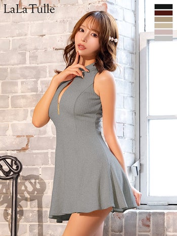 キャバドレス Glossy ROBE de FLEURS グロッシー ローブドフルール ハイネック ジップデザイン ノースリーブ ラメニット セクシー フレアミニドレス