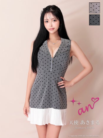 キャバドレス an ノースリーブ ジップデザイン ドット柄 プリーツ 襟付き Vネック フレアミニドレス