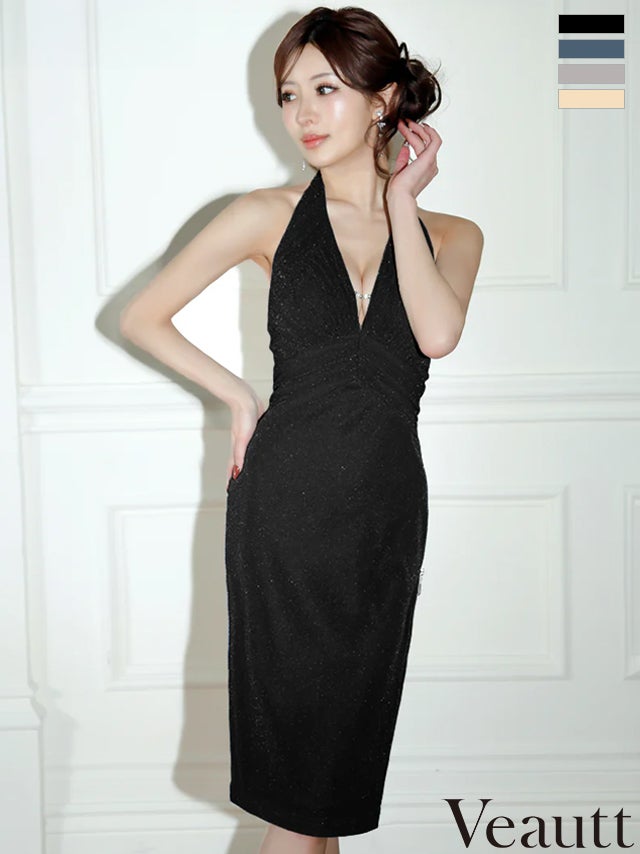 キャバドレス Veautt ヴュート ビジューチェーン タック バックオープンデザイン ジップデザイン ラメ タイト ホルターネック Vカット 膝丈ドレス