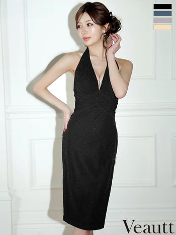 キャバドレス Veautt ヴュート ビジューチェーン タック バックオープンデザイン ジップデザイン ラメ タイト ホルターネック Vカット 膝丈ドレス