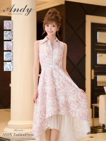 キャバドレス Andy ノースリーブ ジップデザイン 襟付き ペチコート プリント テールカット Aラインロングドレス