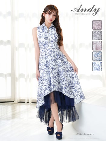 キャバドレス Andy ジップデザイン 襟付き ペチコート プリント ノースリーブ テールカット Aラインロングドレス