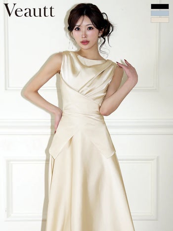 キャバドレス Veautt ヴュート ドレープ ウエストクロスデザイン バックリボン セットアップ フレア ノースリーブ 膝丈ドレス