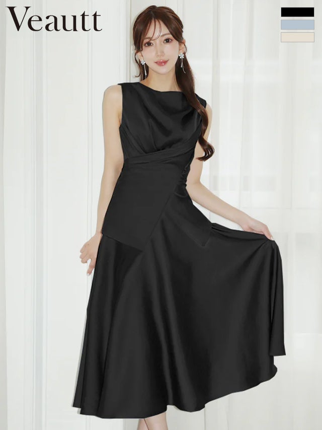 キャバドレス Veautt ヴュート ウエストクロスデザイン バックリボン セットアップ フレア ノースリーブ ドレープ 膝丈ドレス