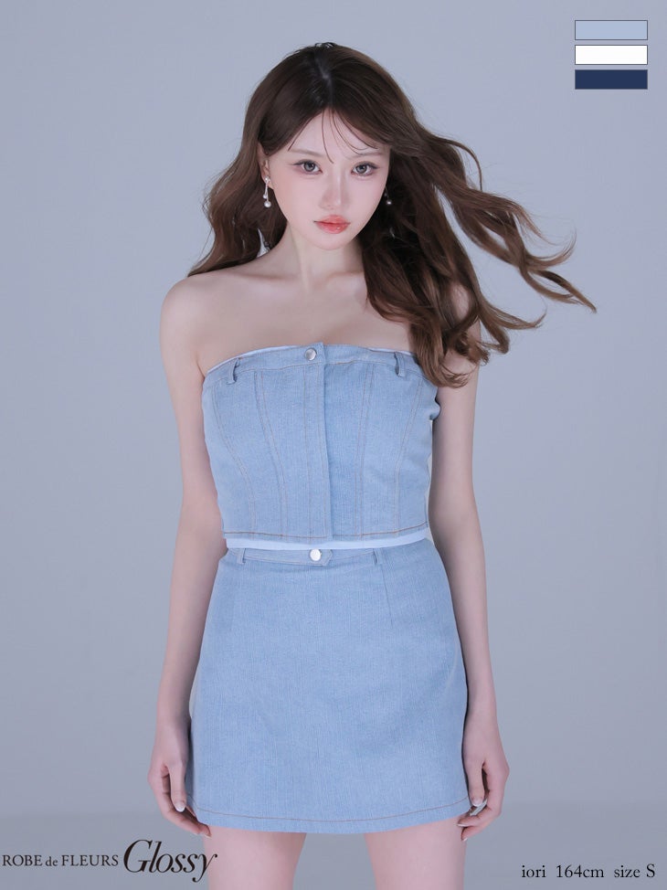 キャバドレス Glossy ROBE de FLEURS グロッシー ローブドフルール デニム レイヤード風 セットアップ ベアトップ キャミソール 2way タイトミニドレス
