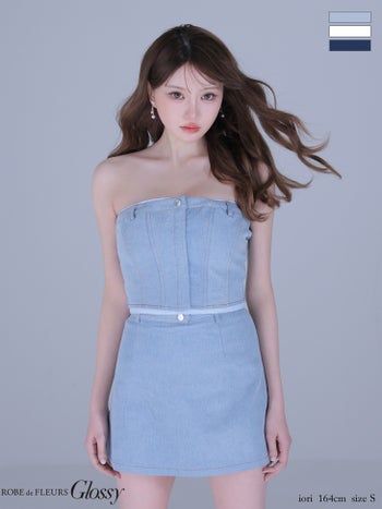 キャバドレス Glossy ROBE de FLEURS グロッシー ローブドフルール デニム レイヤード風 セットアップ ベアトップ キャミソール 2way タイトミニドレス