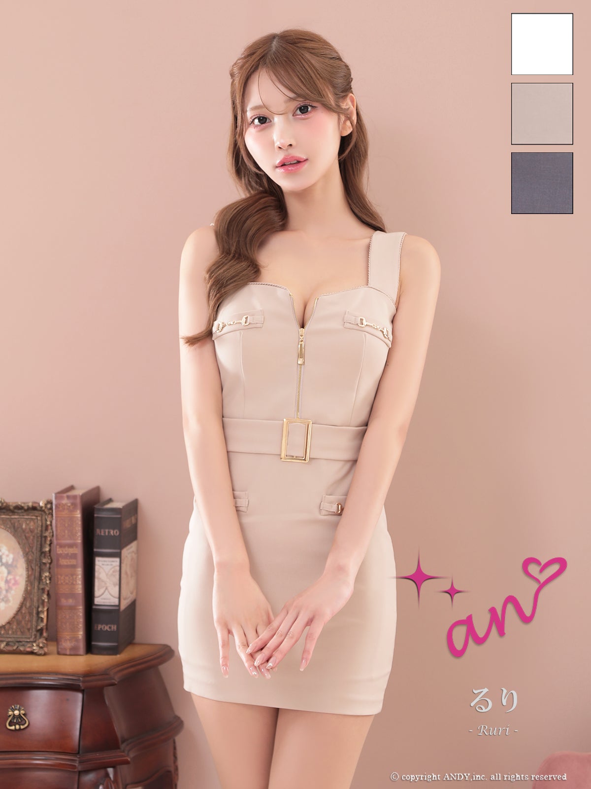 キャバドレス an ベルトデザイン フロントジップ ノースリーブ タイトミニドレス