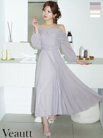 キャバドレス Veautt ヴュート 長袖 アシンメトリーデザイン ドレープ ビジュー ラメ フレア 膝丈ドレス