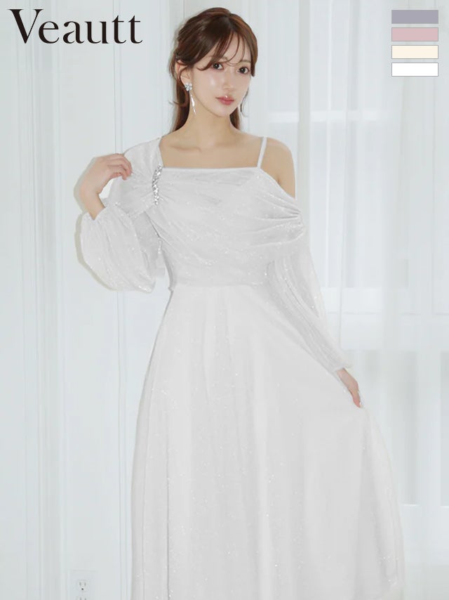 キャバドレス Veautt ヴュート アシンメトリーデザイン ドレープ ビジュー ラメ フレア 長袖 膝丈ドレス