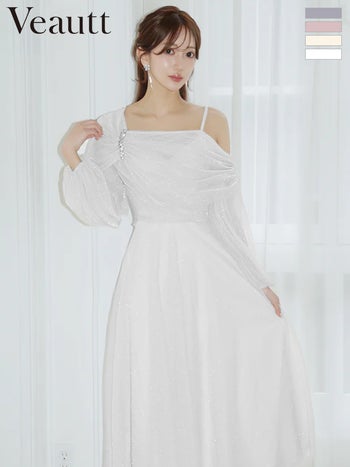 キャバドレス Veautt ヴュート アシンメトリーデザイン ドレープ ビジュー ラメ フレア 長袖 膝丈ドレス