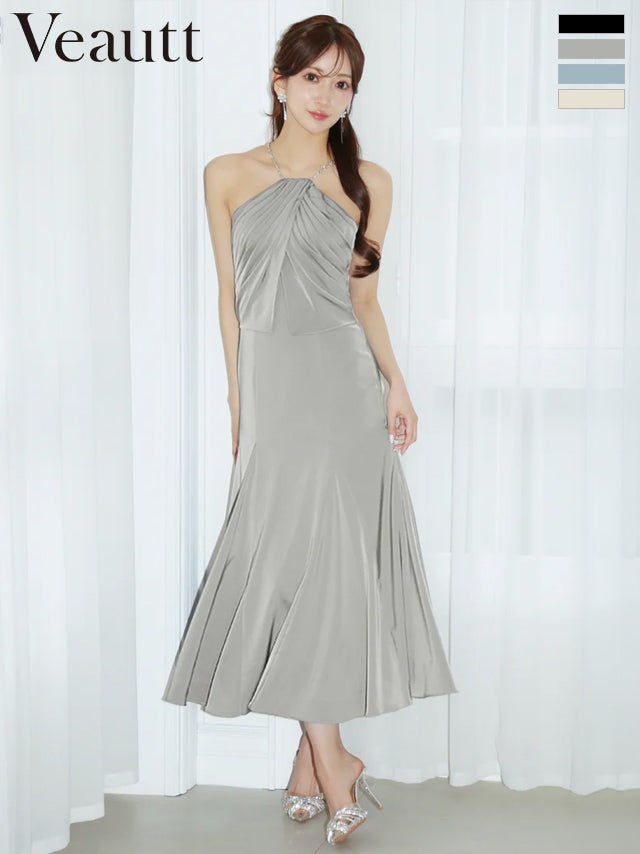 キャバドレス Veautt ヴュート ビジューチェーン ドレープ フレア ホルターネック 膝丈ドレス