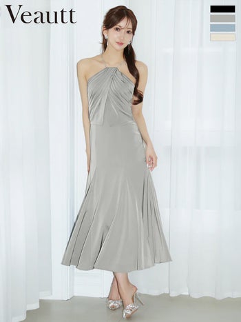 キャバドレス Veautt ヴュート ビジューチェーン ドレープ フレア ホルターネック 膝丈ドレス