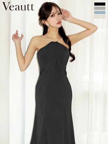キャバドレス Veautt ヴュート ドレープ フレア ホルターネック ビジューチェーン 膝丈ドレス