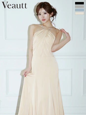 キャバドレス Veautt ヴュート フレア ホルターネック ビジューチェーン ドレープ 膝丈ドレス