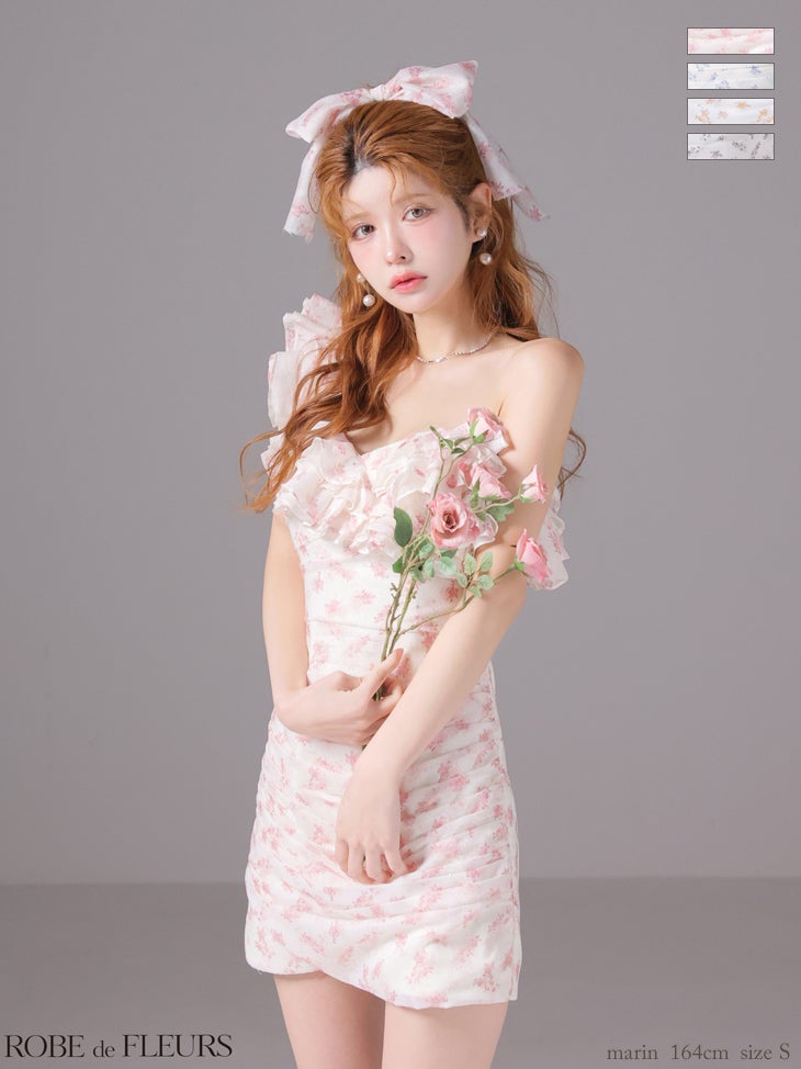 キャバドレス ROBEdeFLEURS ローブドフルール ワンショルダー フリル フラワー ギャザー ラメシフォン タイトミニドレス