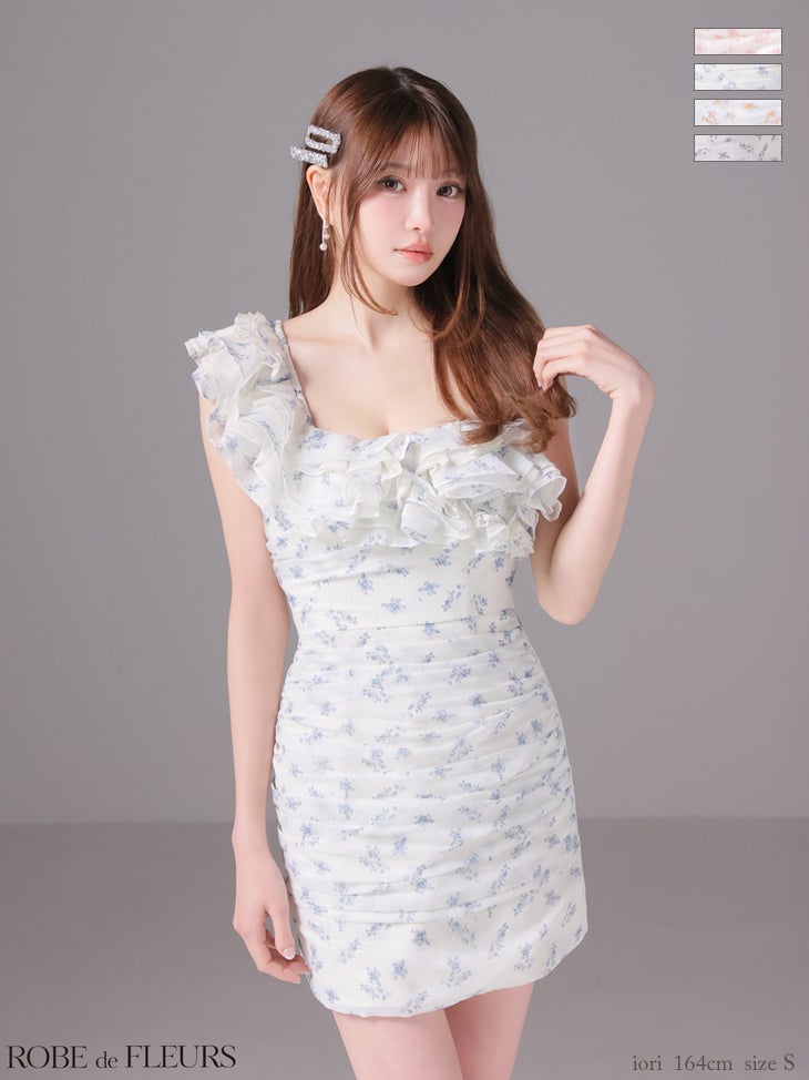 キャバドレス ROBEdeFLEURS ローブドフルール フラワー ギャザー ワンショルダー フリル ラメシフォン タイトミニドレス