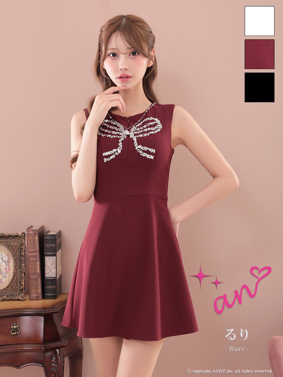 キャバドレス an ノースリーブ ビジュー リボン ネックレスデザイン フレアミニドレス