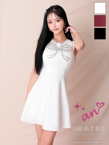 キャバドレス an ネックレスデザイン ノースリーブ ビジュー リボン フレアミニドレス