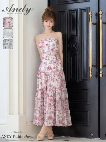 キャバドレス Andy ベアトップ ウエストカット バックリボン 花柄 Aラインロングドレス