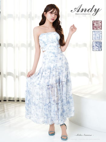 キャバドレス Andy ウエストカット ベアトップ バックリボン 花柄 Aラインロングドレス