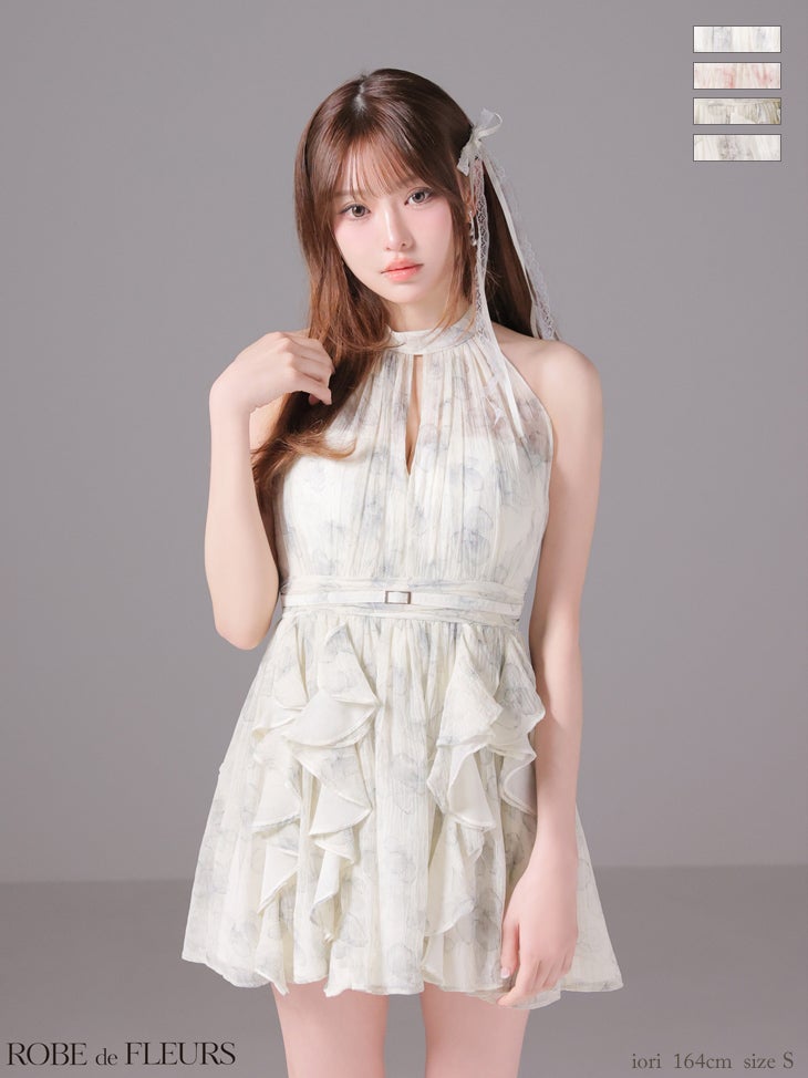 キャバドレス ROBEdeFLEURS ローブドフルール ホルターネック バストカット ウエストベルト フラワーシフォン フレアミニドレス
