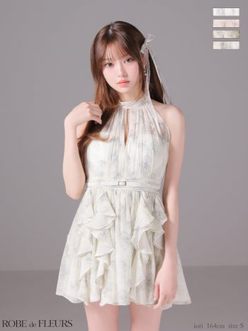 キャバドレス ROBEdeFLEURS ローブドフルール ホルターネック バストカット ウエストベルト フラワーシフォン フレアミニドレス