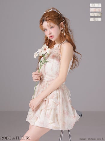 キャバドレス ROBEdeFLEURS ローブドフルール バストカット ウエストベルト フラワーシフォン ホルターネック フレアミニドレス