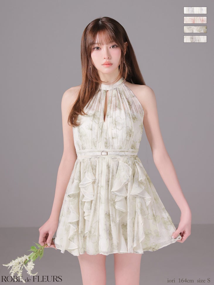 キャバドレス ROBEdeFLEURS ローブドフルール ウエストベルト フラワーシフォン ホルターネック バストカット フレアミニドレス