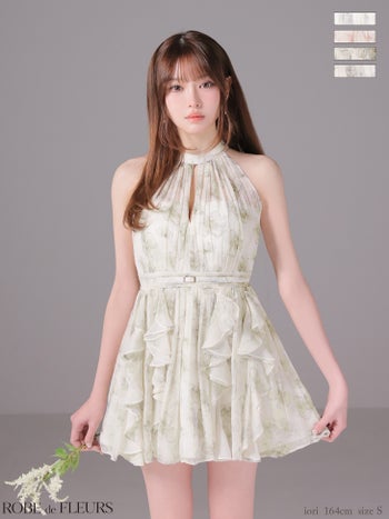 キャバドレス ROBEdeFLEURS ローブドフルール ウエストベルト フラワーシフォン ホルターネック バストカット フレアミニドレス