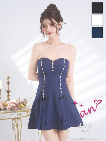 キャバドレス an ベアトップ リボン ビジュー バストカット プリーツ フレアミニドレス