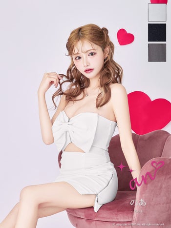 キャバドレス an ベアトップ ジップデザイン ウエストカット リボン スリット タイトミニドレス