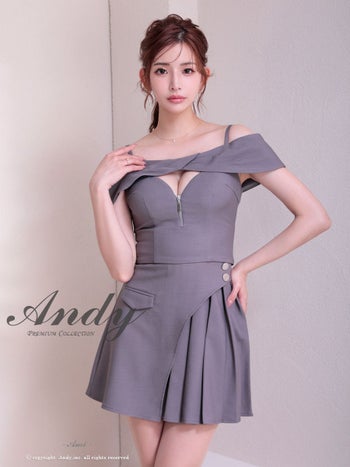 キャバドレス an セットアップ ジップデザイン プリーツ オフショルダー飾りボタン ミニドレス