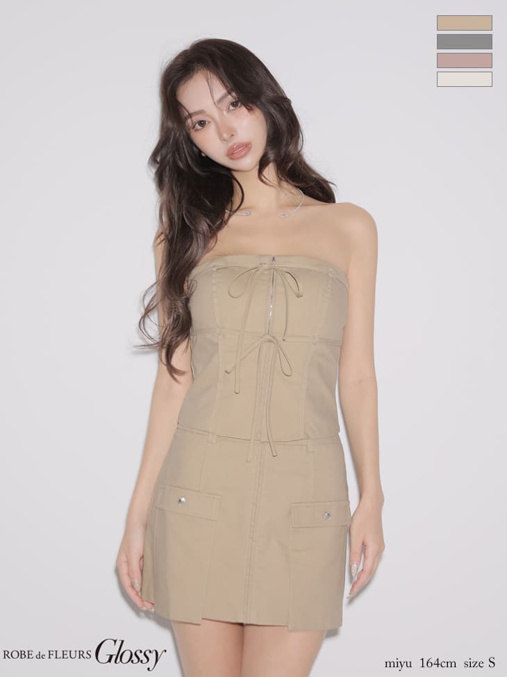 キャバドレス Glossy by ROBE de FLEURS グロッシー ベア リボン ジップデザイン ポケットデザイン セットアップ ワンカラー タイトミニドレス