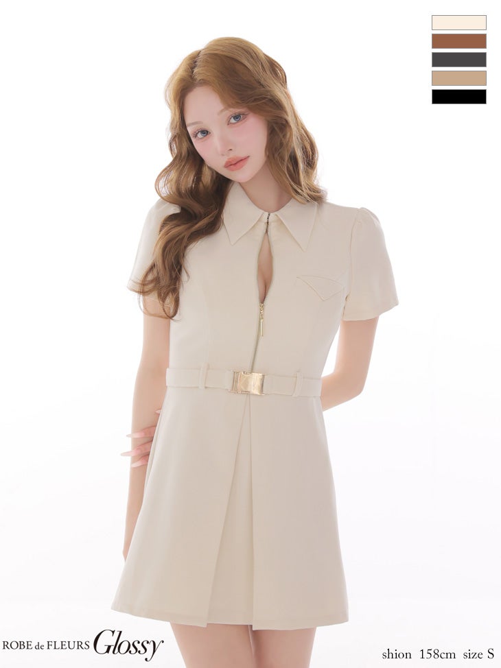 キャバドレス Glossy ROBE de FLEURS グロッシー ローブドフルール ジップデザイン ワンカラー 半袖 襟付き ウエストベルト フレアミニドレス