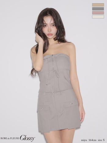 キャバドレス Glossy by ROBE de FLEURS グロッシー リボン ジップデザイン ポケットデザイン セットアップ ワンカラー ベア タイトミニドレス