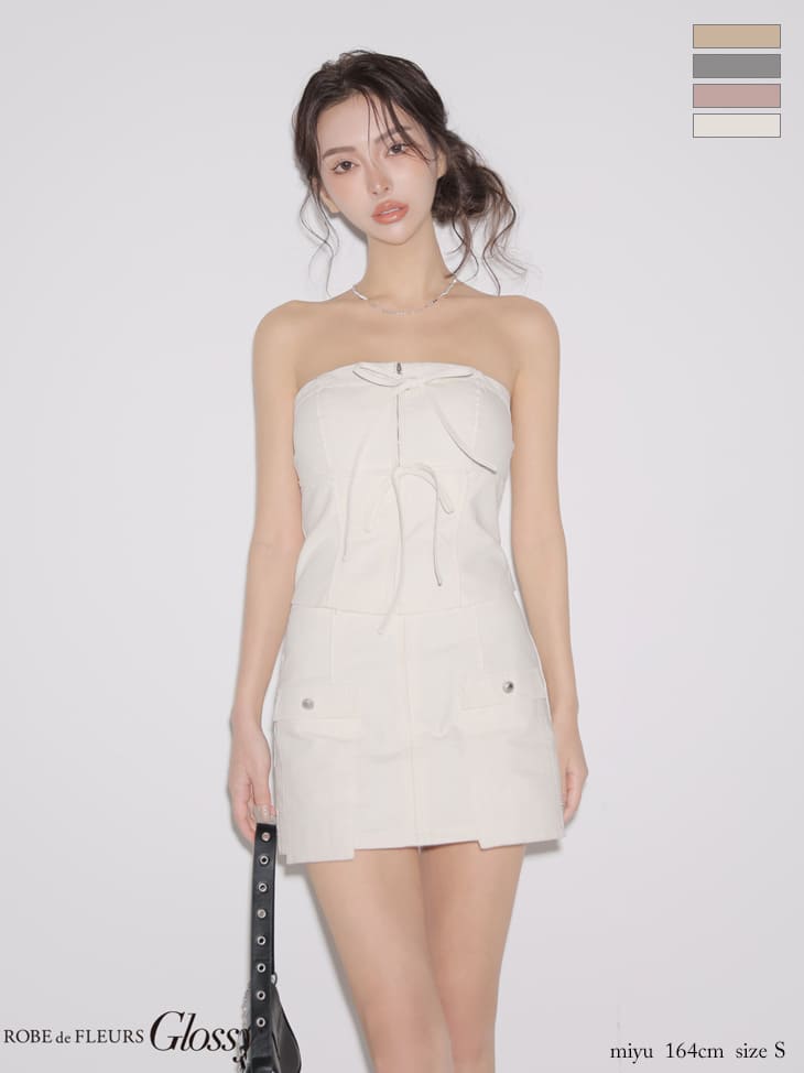 キャバドレス Glossy by ROBE de FLEURS グロッシー ポケットデザイン セットアップ ワンカラー ベア リボン ジップデザイン タイトミニドレス
