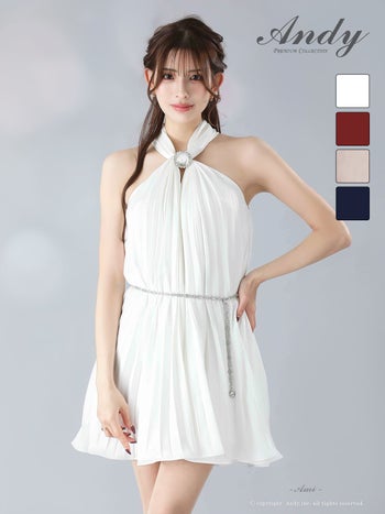 キャバドレス Andy ビジュー ホルターネック チェーンベルト ホルターネック シフォン プリーツ フレアニドレス