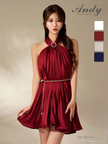 キャバドレス Andy ビジュー ホルターネック チェーンベルト シフォン ホルターネック プリーツ フレアニドレス