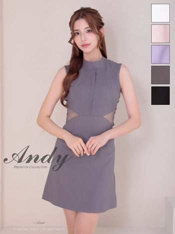 キャバドレス Andy ノースリーブ ハイネック 背中開き リボン くびれ透け ワンカラー フレアミニドレス