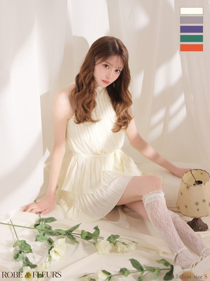 キャバドレス ROBEdeFLEURS ローブドフルール ホルターネック シフォン ウエストリボン ワンカラー プリーツ フレアミニドレス 