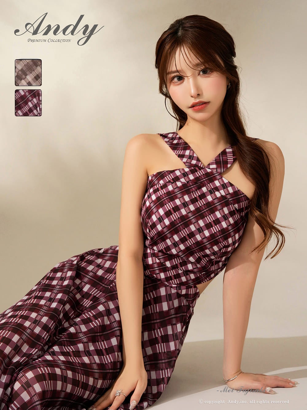キャバドレス Andy ホルターネック チェック柄 ウエストカット シフォン Aラインロングドレス